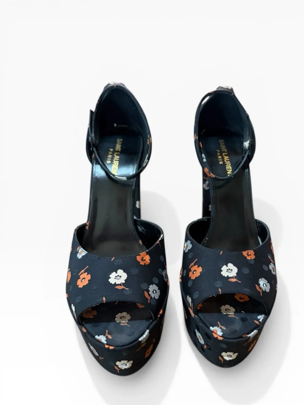 Saint Laurent Jodie 125 Floral Platform Heels Sandals in Black Silk EU 40 US 10 - Picture 6 of 16
